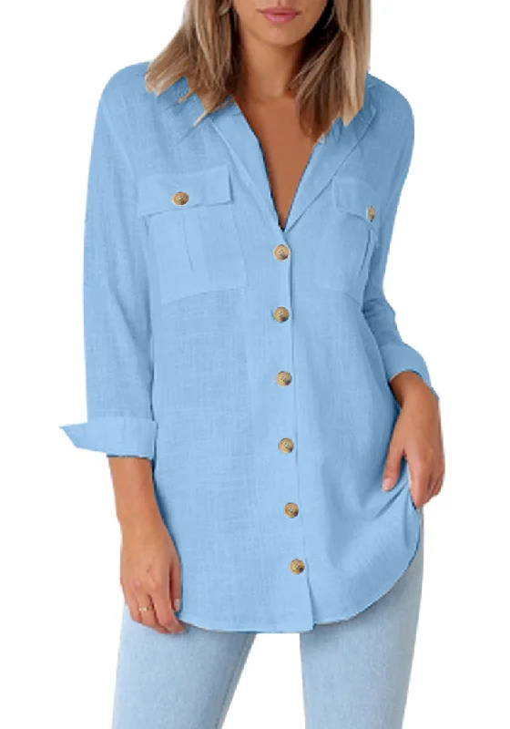 Light Blue Long Cuffed Sleeves Lapel Button-Up Blouse