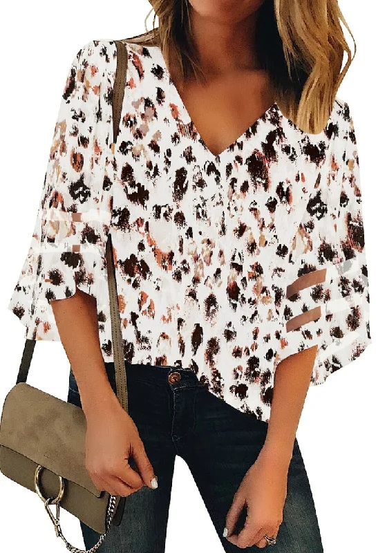 Women's V Neck Shirt Printed Top 3/4 Bell Sleeve Mesh Panel Blouse