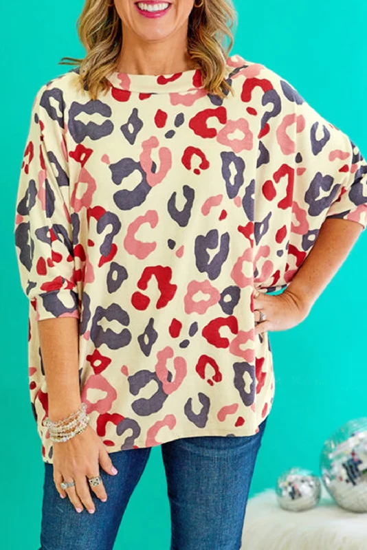 White Plus Size Colorful Leopard Print Batwing Sleeve Top