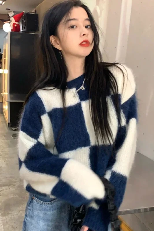 KittenAlarm - Blue Plaid O-Neck Knitted Sweater