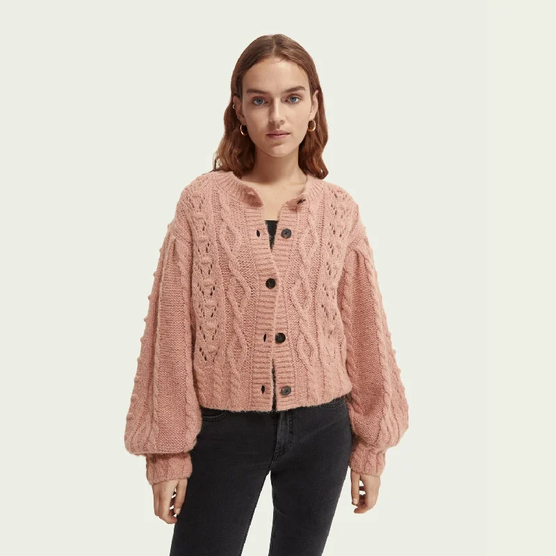 Cable Knit Relaxed Fit Cardigan (Pink Rose Melange)