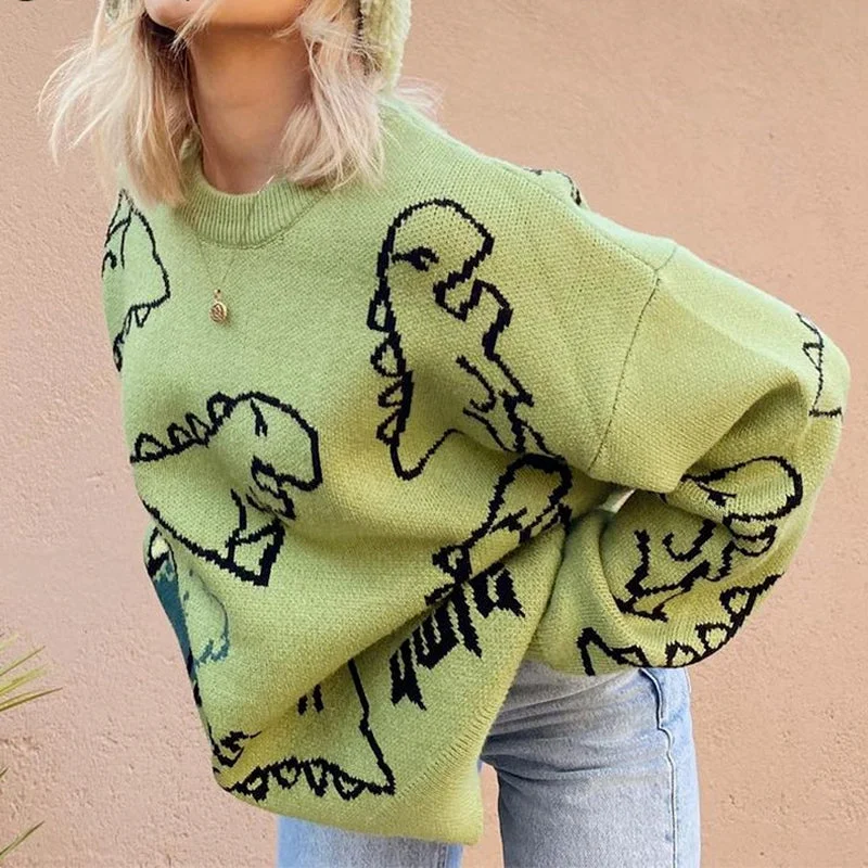 KittenAlarm - Cute Dinosaur Printed Loose Sweater