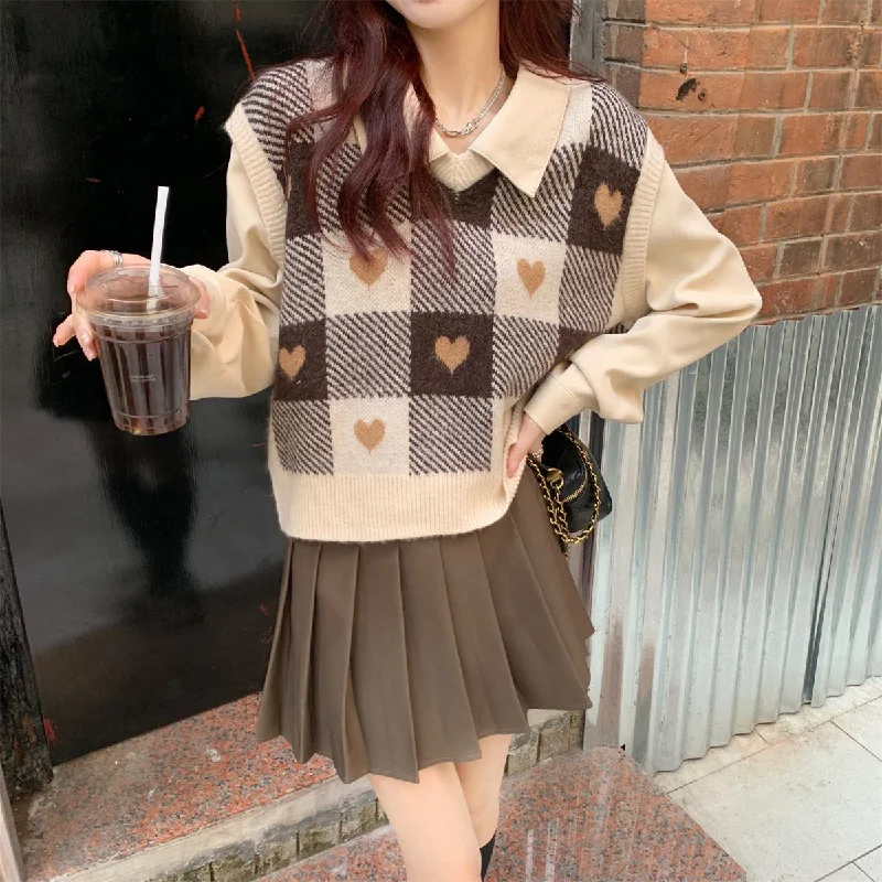 KittenAlarm - Cute Love Plaid V-Neck Vest Sweater