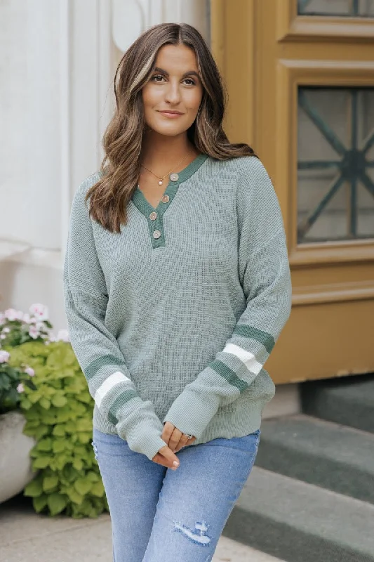 Earthy Green Striped Henley Sweater