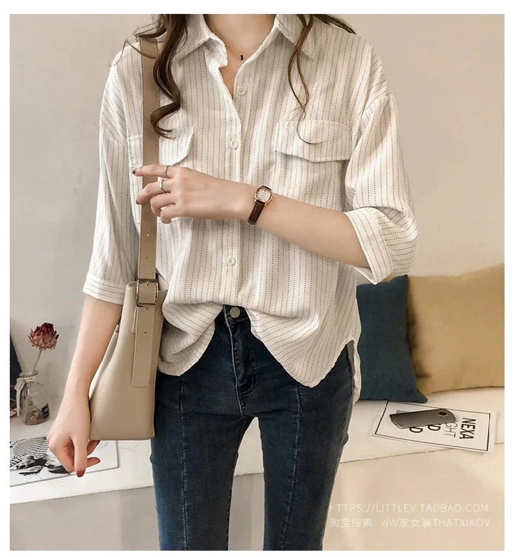 KittenAlarm - Half Sleeve Casual Striped Blouse Shirt