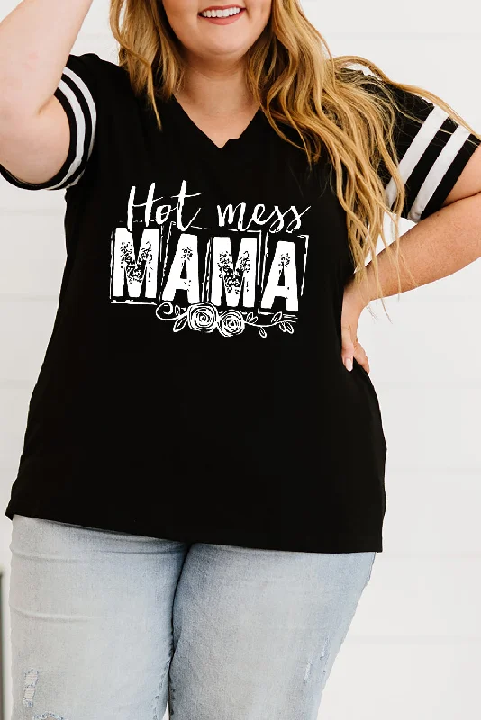 Women's Hot mess MAMA Print Varsity Striped Sleeve Oversized Tee