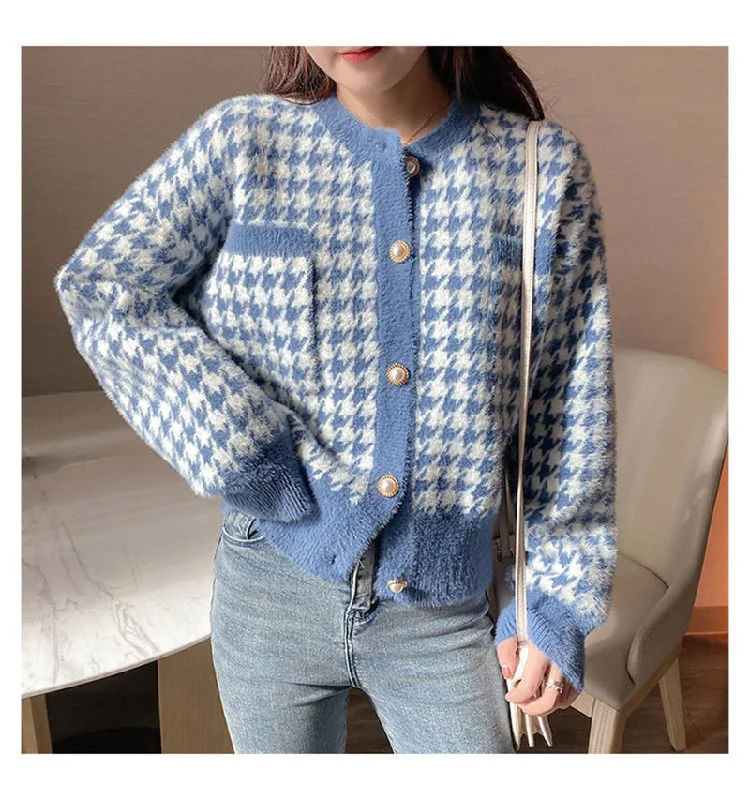 KittenAlarm - Houndstooth Pattern Long Sleeve Elegant Knitted Cardigan Sweater