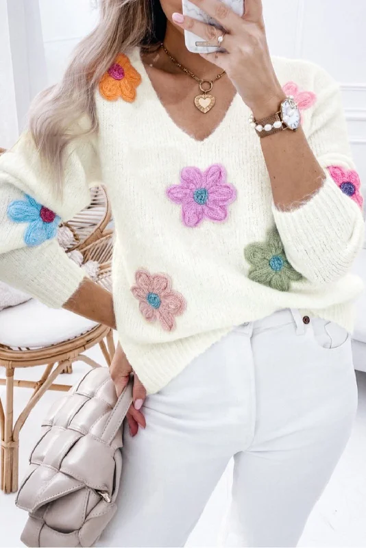 Kash V-Neck Flower Sweater | S-XL