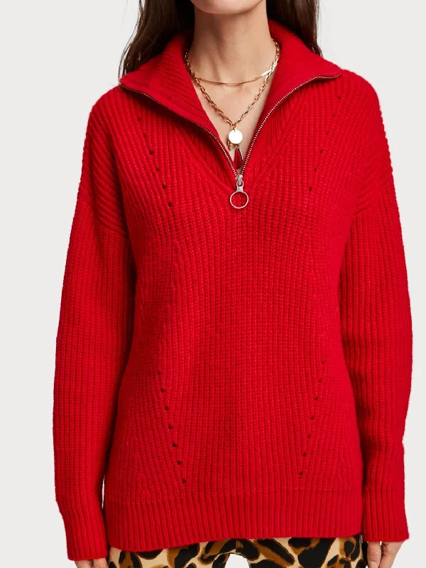 Knitted Zip-Up Pullover (Red)