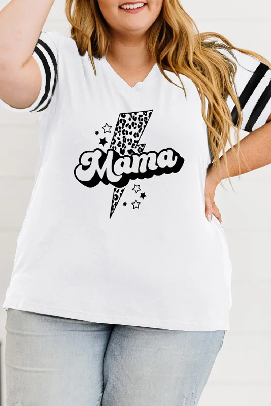 Women's Leopard Bolt Mama Varsity Striped Sleeve Plus V Neck Tee