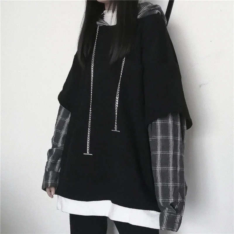 KittenAlarm - Long Sleeve Hip Hop Sleeve Plaid Hoodie