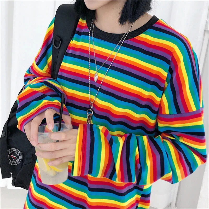 KittenAlarm - Long Sleeve Rainbow Striped Loose Sweatshirt