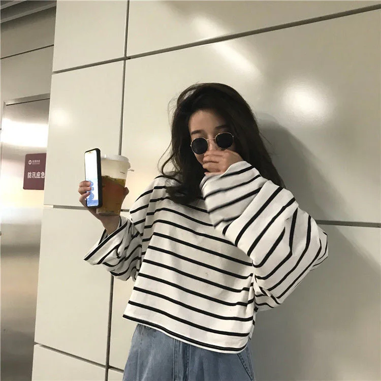 KittenAlarm - Long Sleeve Striped Loose Shirt