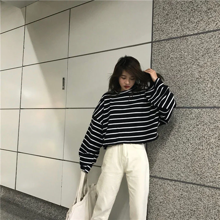 KittenAlarm - Long Sleeve Striped Loose Shirt