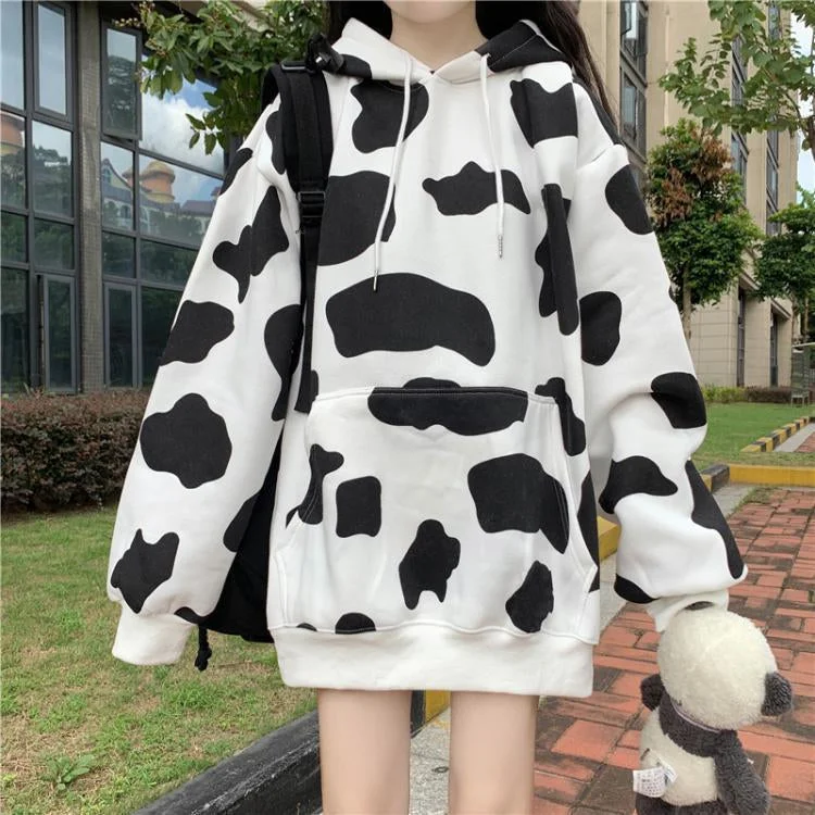 KittenAlarm - Loose Cow Pattern Printed Hooded Sweatshirt