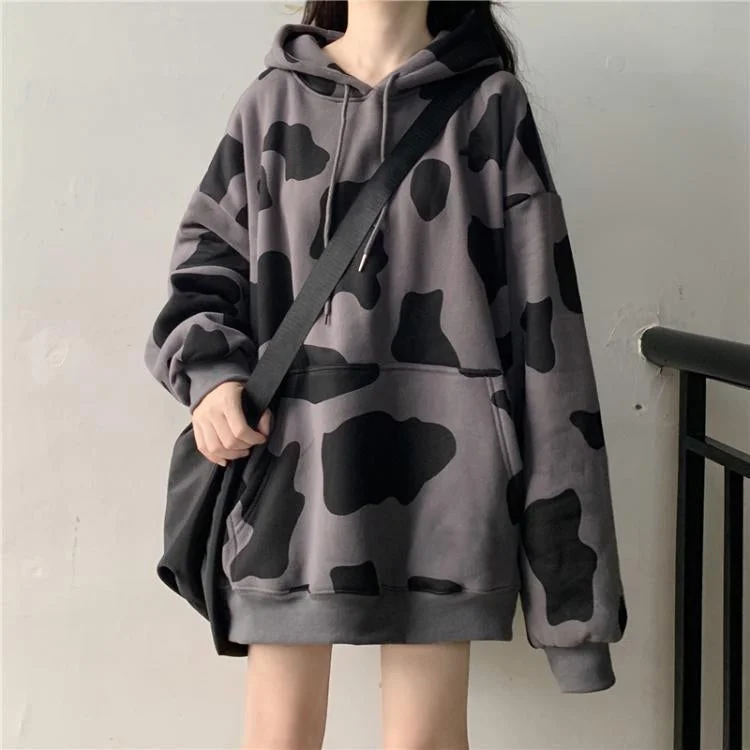 KittenAlarm - Loose Cow Pattern Printed Hooded Sweatshirt