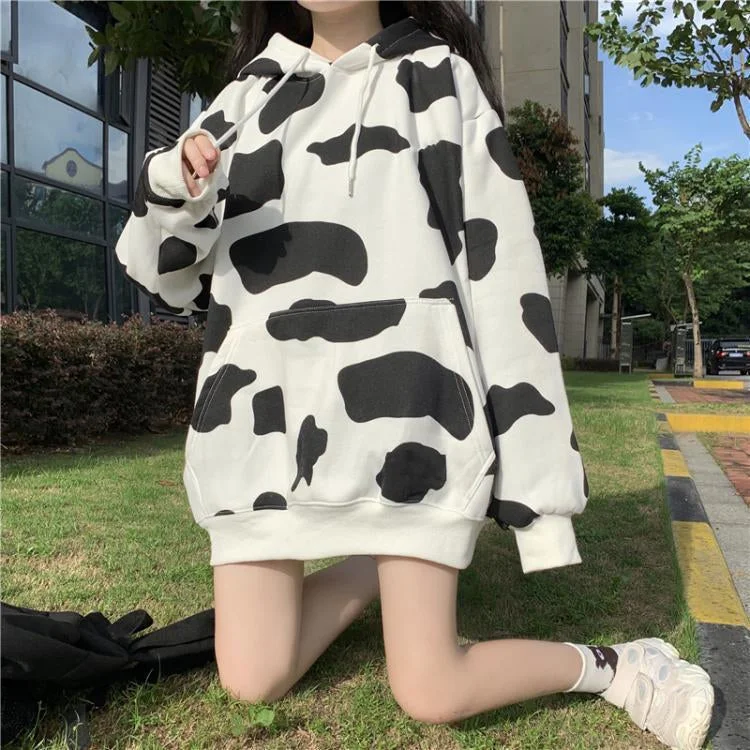 KittenAlarm - Loose Cow Pattern Printed Hooded Sweatshirt