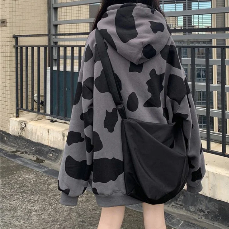 KittenAlarm - Loose Cow Pattern Printed Hooded Sweatshirt