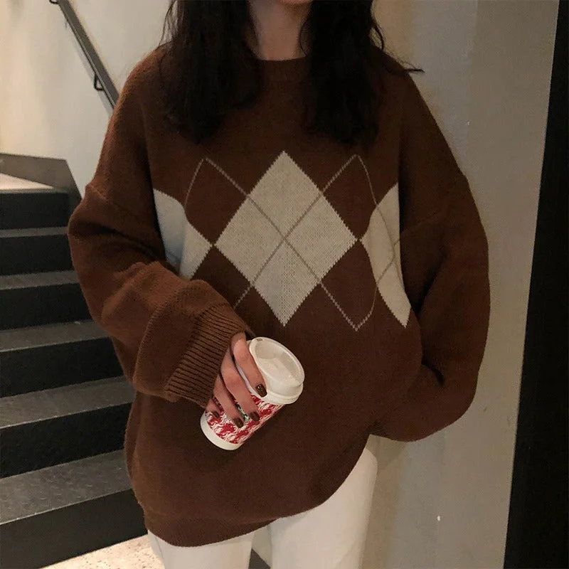 KittenAlarm - Loose Diamond Pattern Knitted Sweater