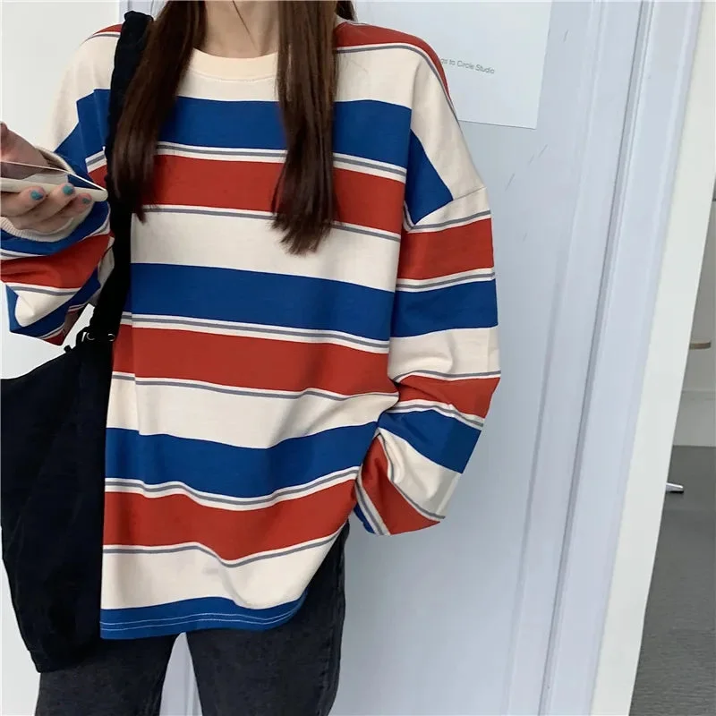 KittenAlarm - Loose Oversize College Style Striped Long Sleeve Shirt