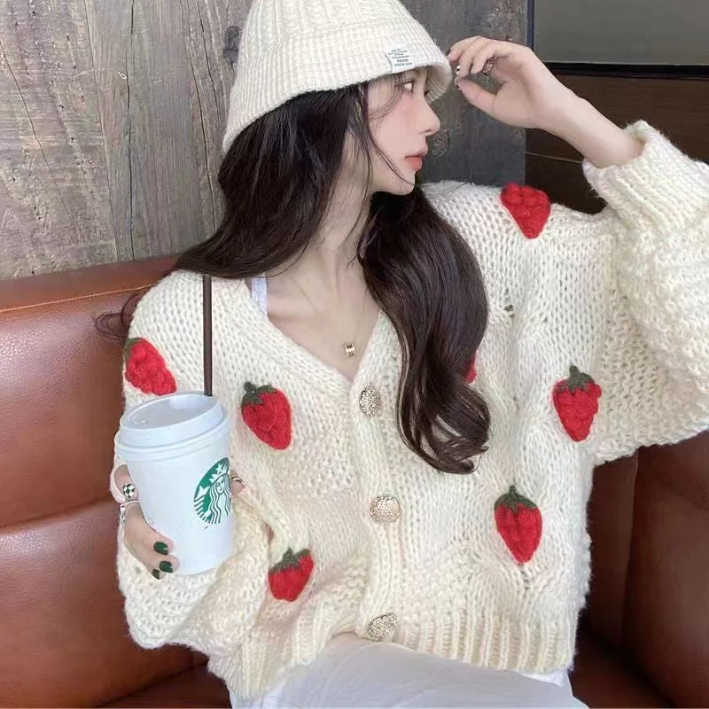 KittenAlarm - Loose Strawbery Pattern Knitted Cardigan Sweater