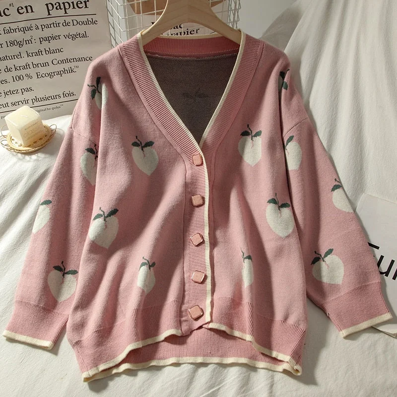 KittenAlarm - Peach Fruits Pattern Cute Cardigan Sweater