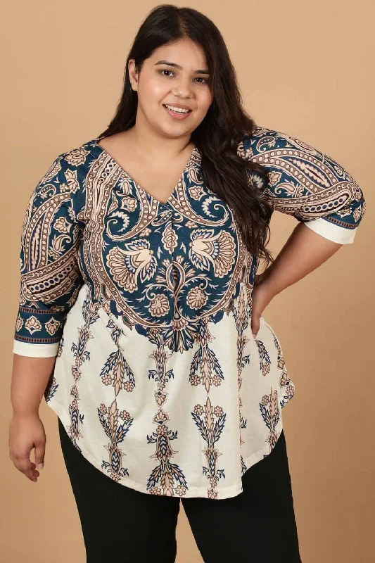 Plus Size Cream Luxe Ethnic Print Centre Pleat Top