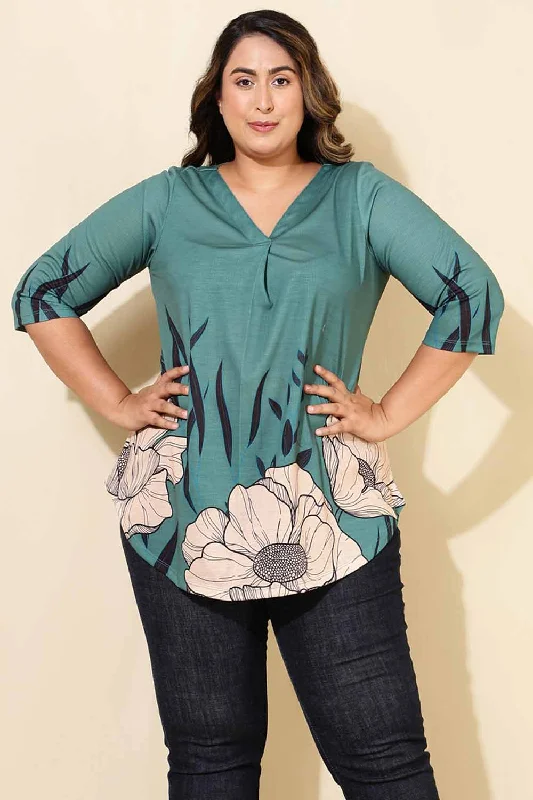 Plus Size Green Beige Print Centre Pleat Top