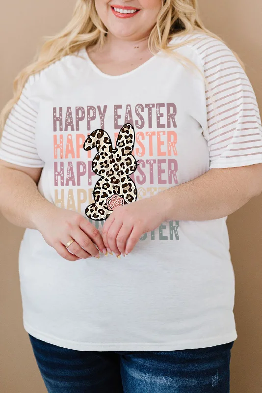 Plus Size Happy Easter T Shirt Leopard Bunny Graphic Short Sleeve Tops