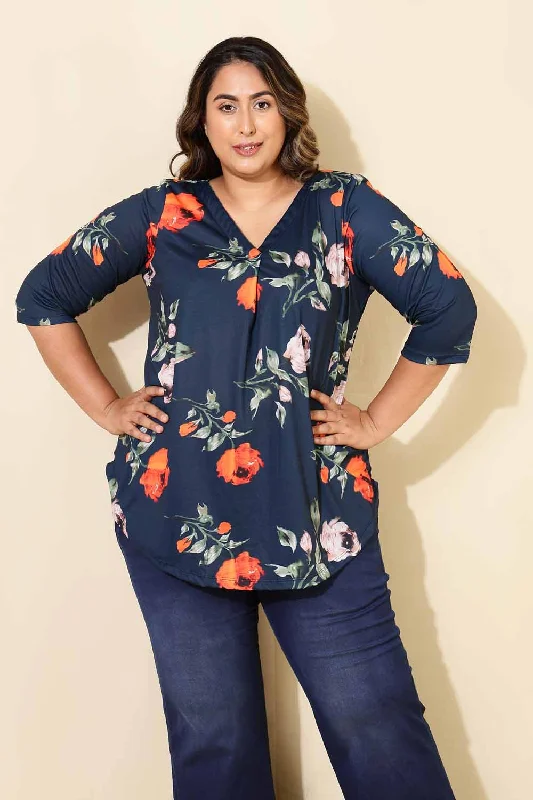 Plus Size Navy Blue Floral Print Centre Pleat Top