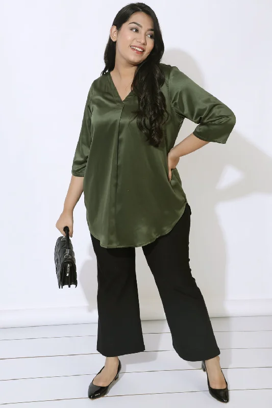 Olive Satin Centre Pleat Top