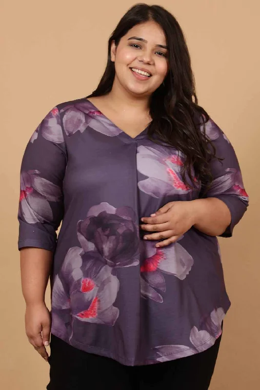 Plus Size Purple Floral Printed Centre Pleat Top