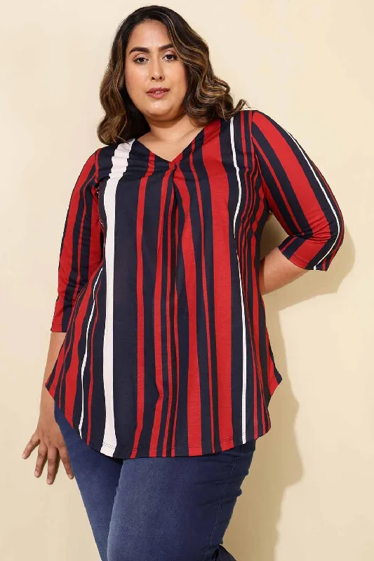 Plus Size Red Blue Striped Centre Pleat Top