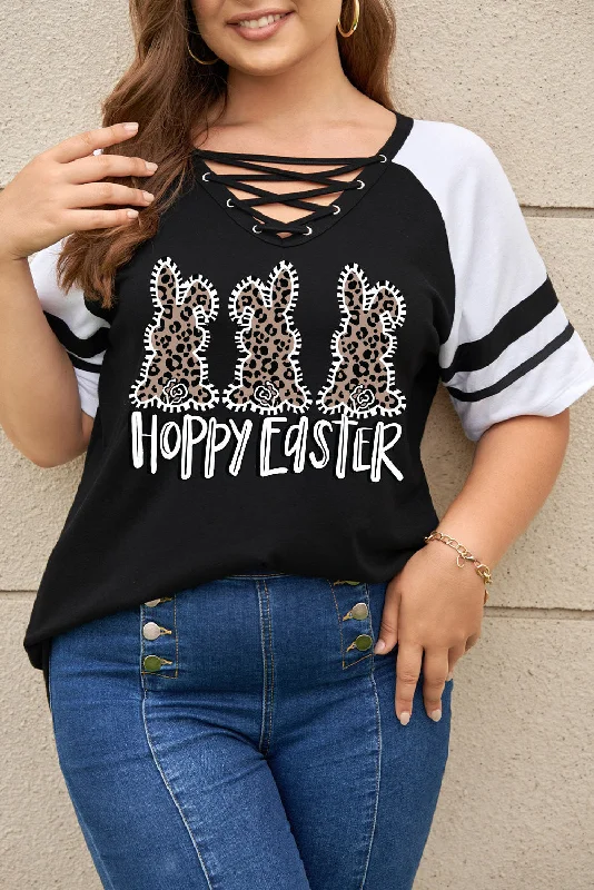 Plus Size Tops for Women Happy Easter Leopard Bunny Print V Neck Criss Cross T-Shirts