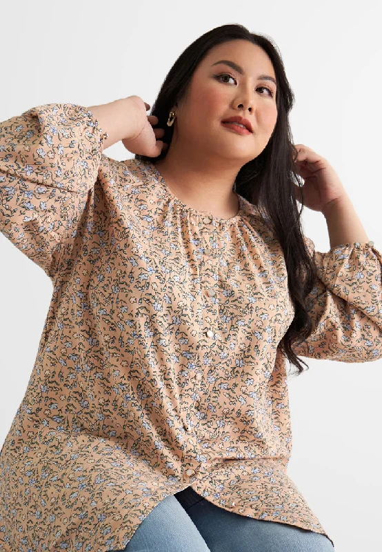 Prelia Round Neck Floral Button Blouse