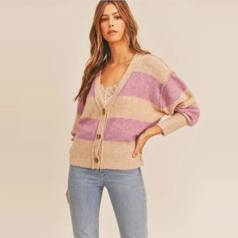 Striped Button Down Cardigan (Beige Lilac)