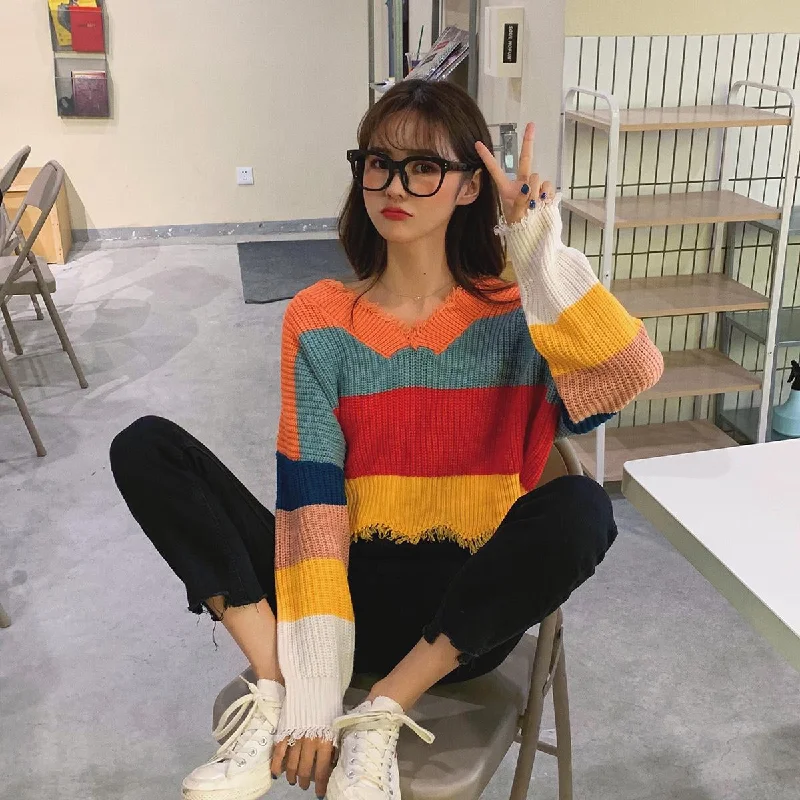 KittenAlarm - V-Neck Colorful Striped Tassel Sweater