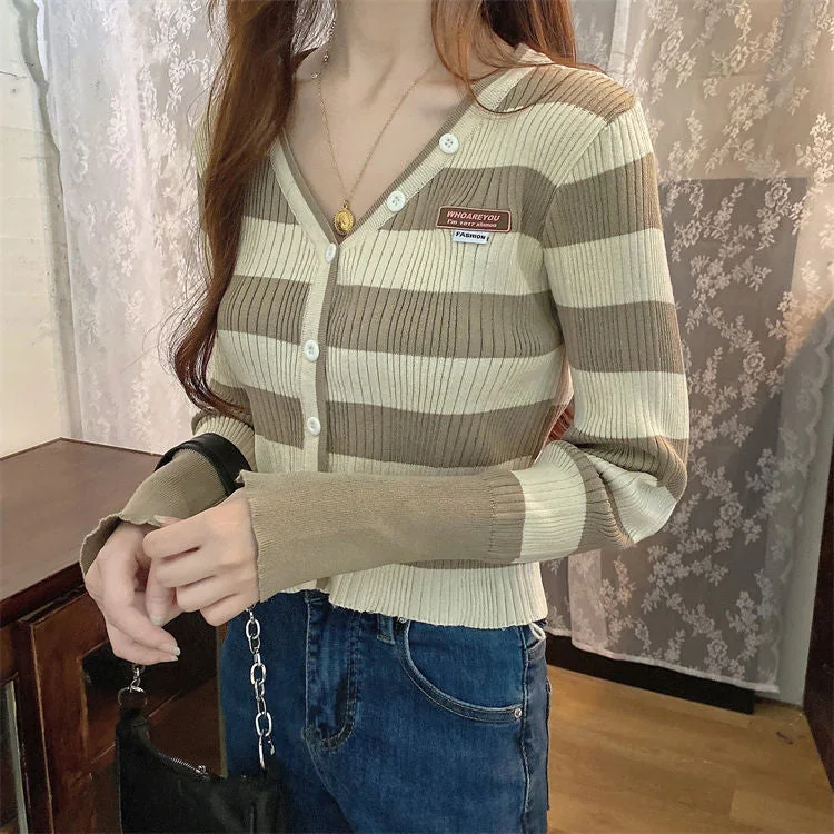 KittenAlarm - V-Neck Stripes Cropped Casual Cardigan Sweater