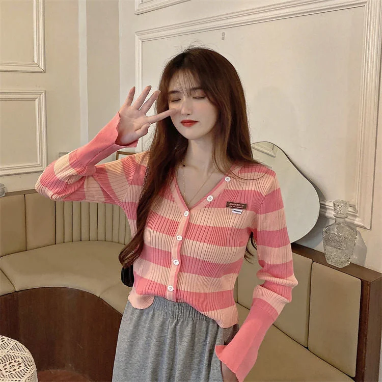 KittenAlarm - V-Neck Stripes Cropped Casual Cardigan Sweater