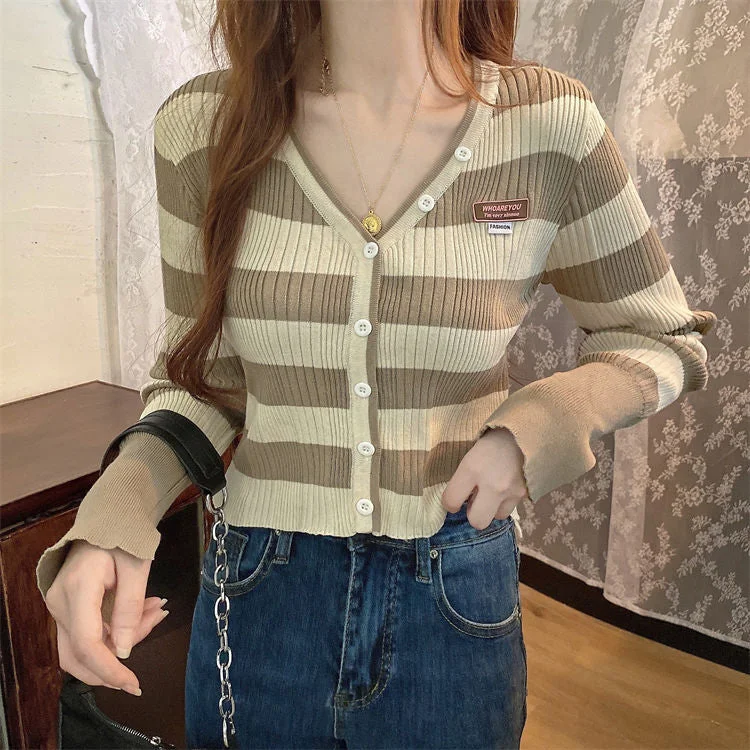 KittenAlarm - V-Neck Stripes Cropped Casual Cardigan Sweater