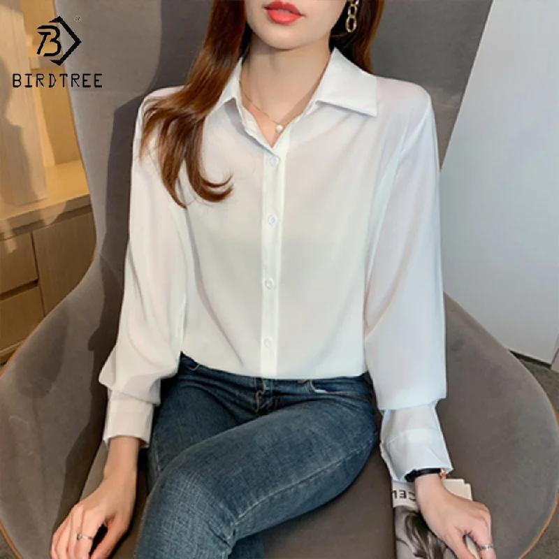 2022 Autumn New Korean Retro Simple Shirt Ladies Solid Color Thin Long-Sleeved Basic Turn Down Collar Shirt For Women T28815X