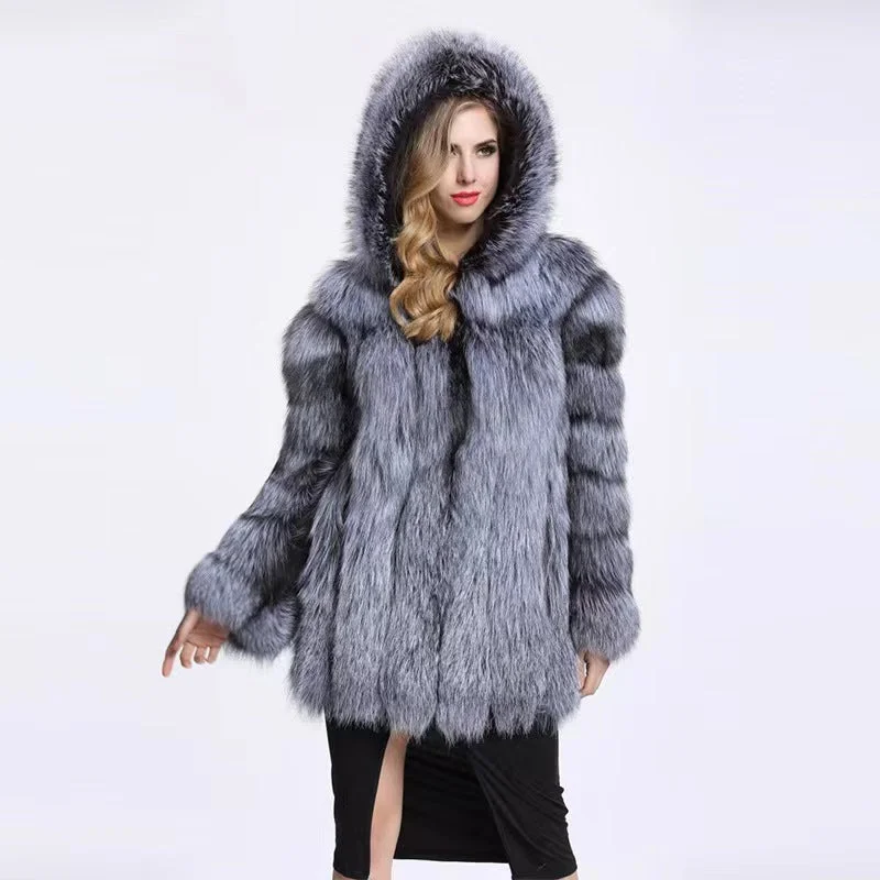 2022Classic Design European Hooded Fashion Real Fox Fur Long Coat