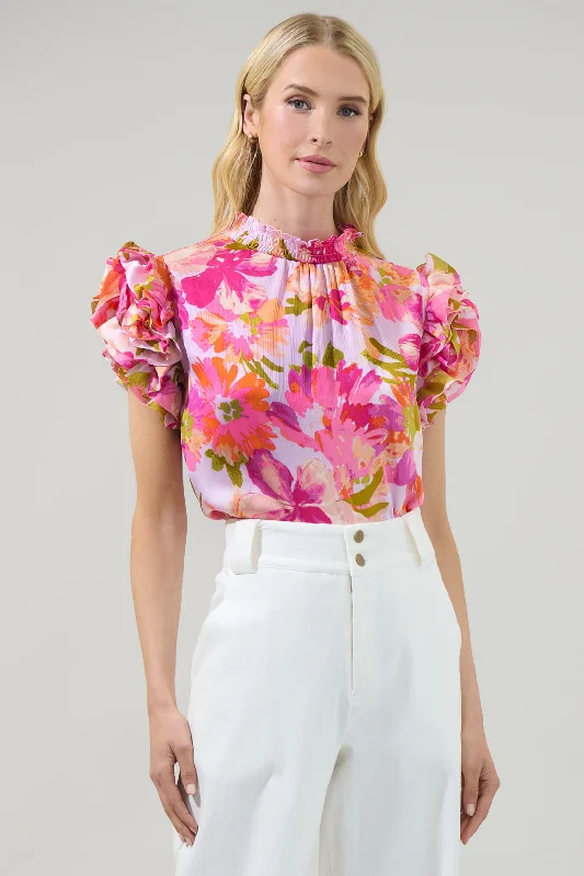 Abigal Floral Brenna Mock Neck Ruffle Blouse