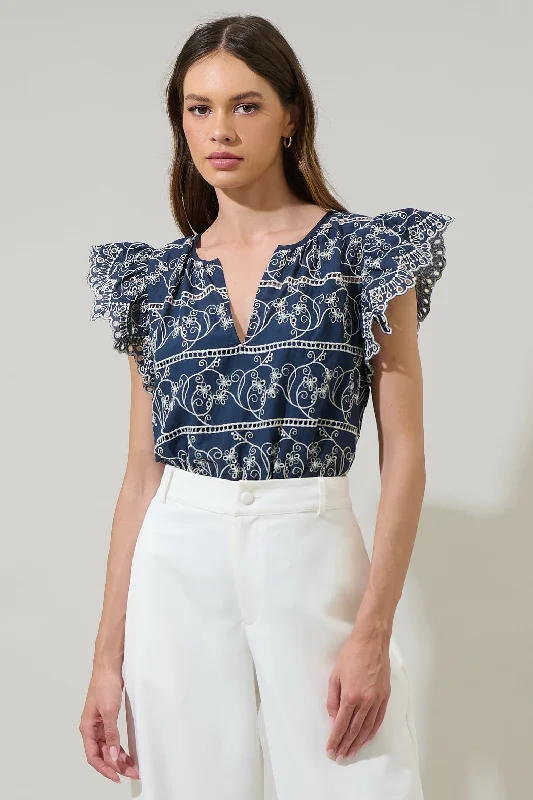 Ash Floral Eyelet Ana Split Neck Top