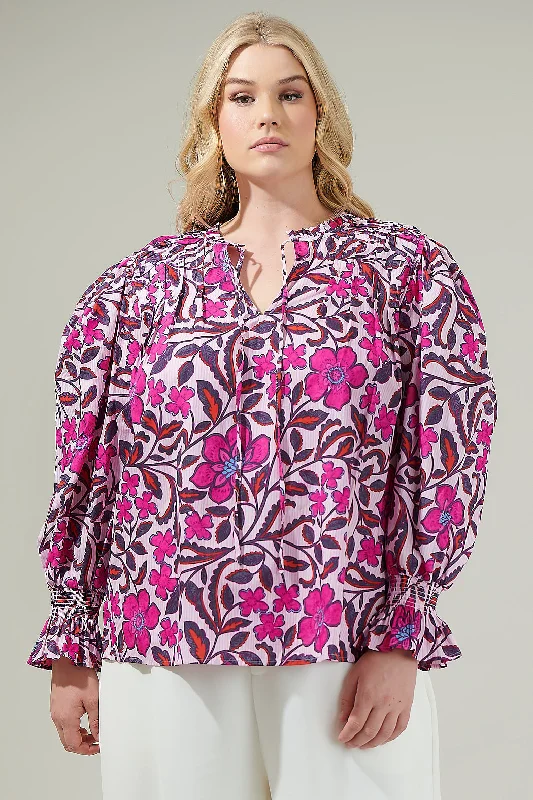 Aubrey Floral Russo Pleated Long Sleeve Blouse Curve