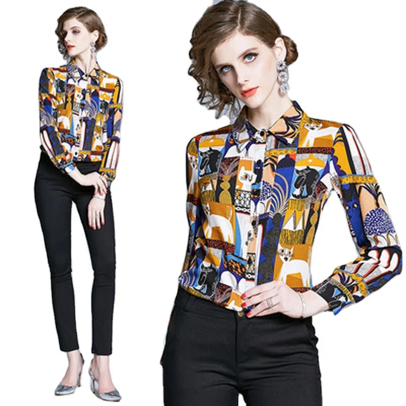 AZ2050040 # Early spring European station fashion printed shirt lapel long sleeve wild white collar shirt