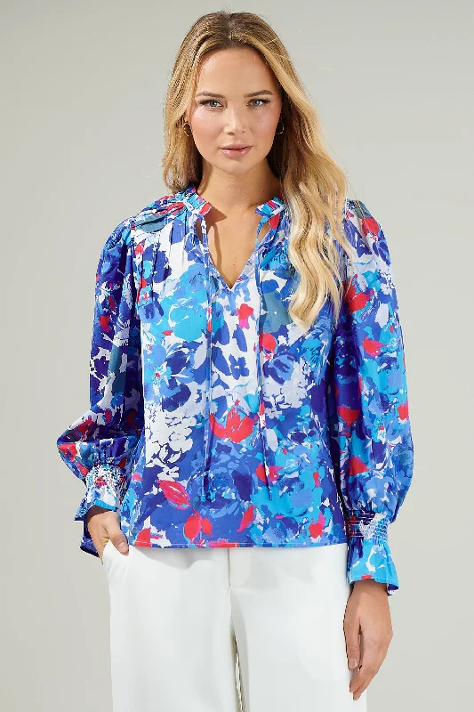 Canvas Floral Russo Pleated Long Sleeve Blouse