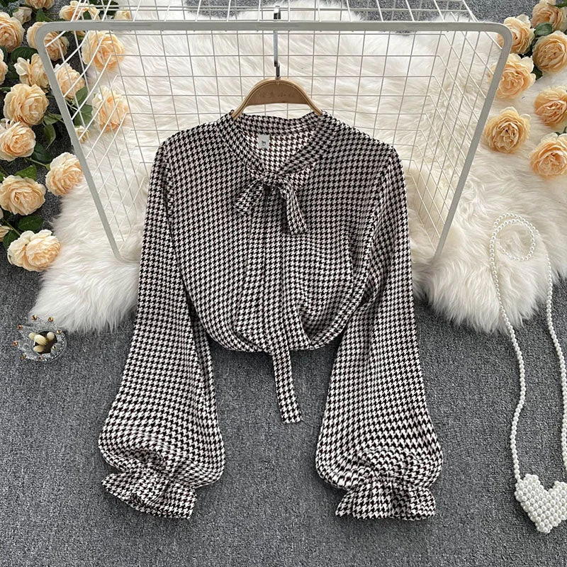 Chic Houndstooth Bandage Bow Neck Blouse Lady Elegant Long Sleeve Office Shirts Tops For Women Top Fashionable