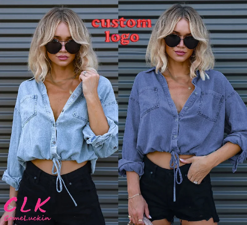 Custom Logo Women Fall Winter Ladies Denim Shirt Top Loose Casual Long Sleeve Lace