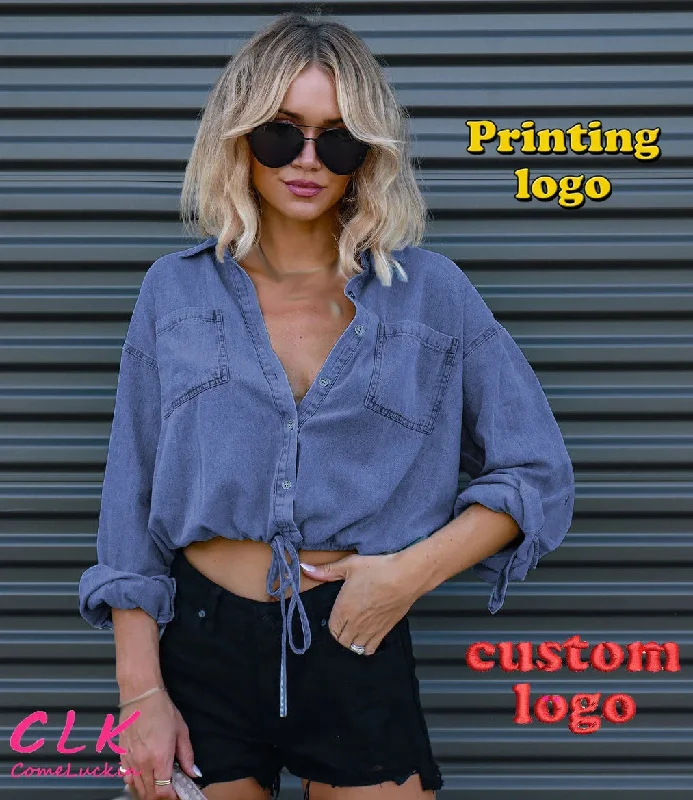 Custom Logo Women Fall Winter Ladies Denim Shirt Top Loose Casual Long Sleeve Lace